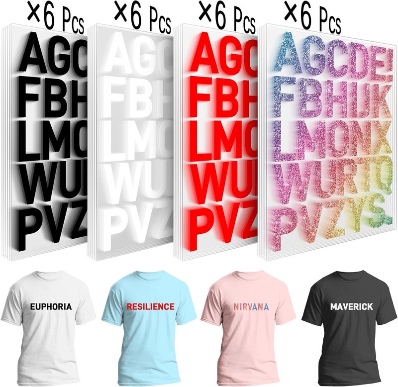 Flowing Fun 24 Sheets Iron On Letters for Clothing - Heat Transfer Vinyl Fabric Iron On Letters for DIY T-Shirts - Includes Red, White, Black and Coloured Letters - Image 2
